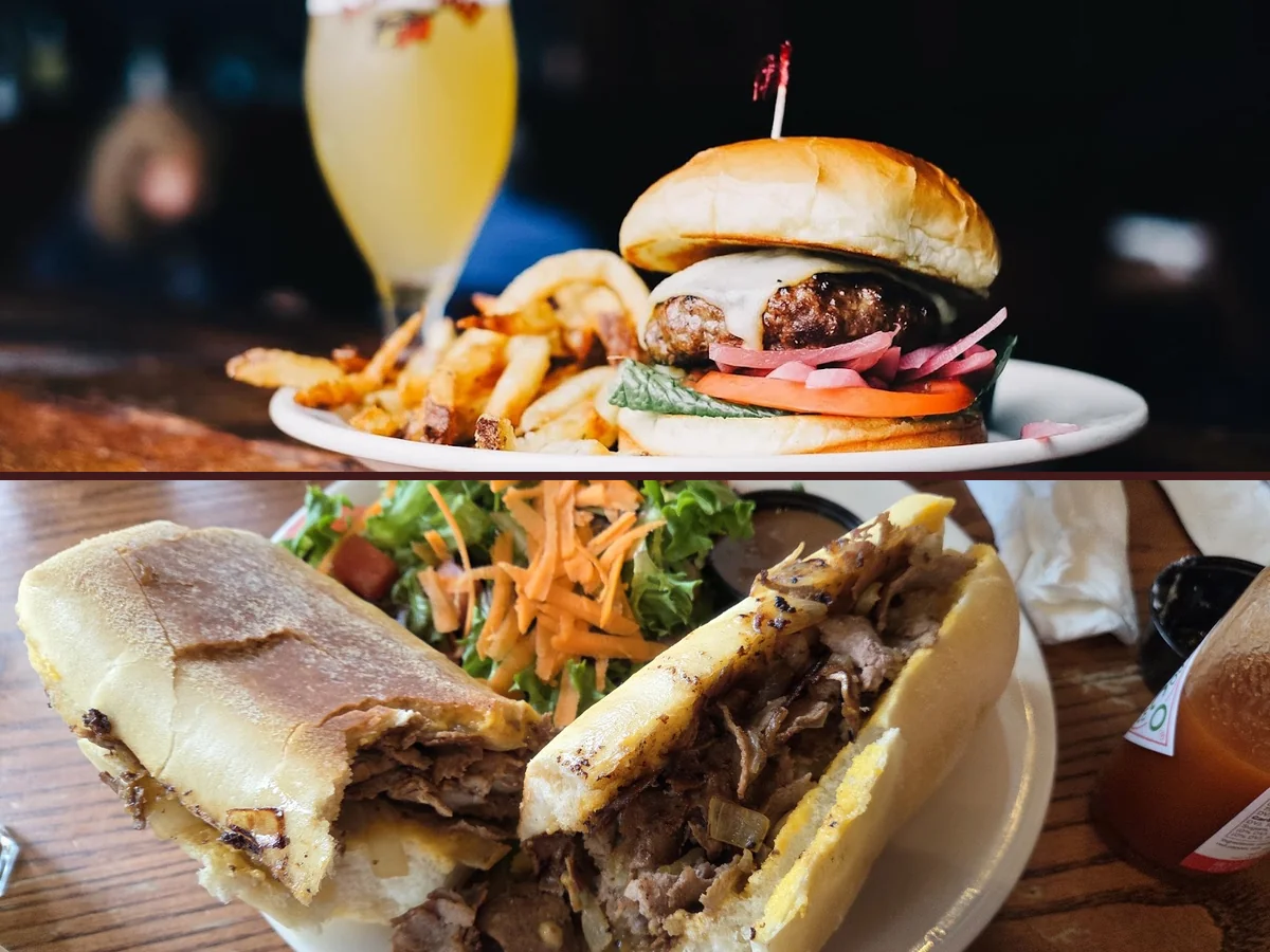 American pub tables beneath playful dog photos.