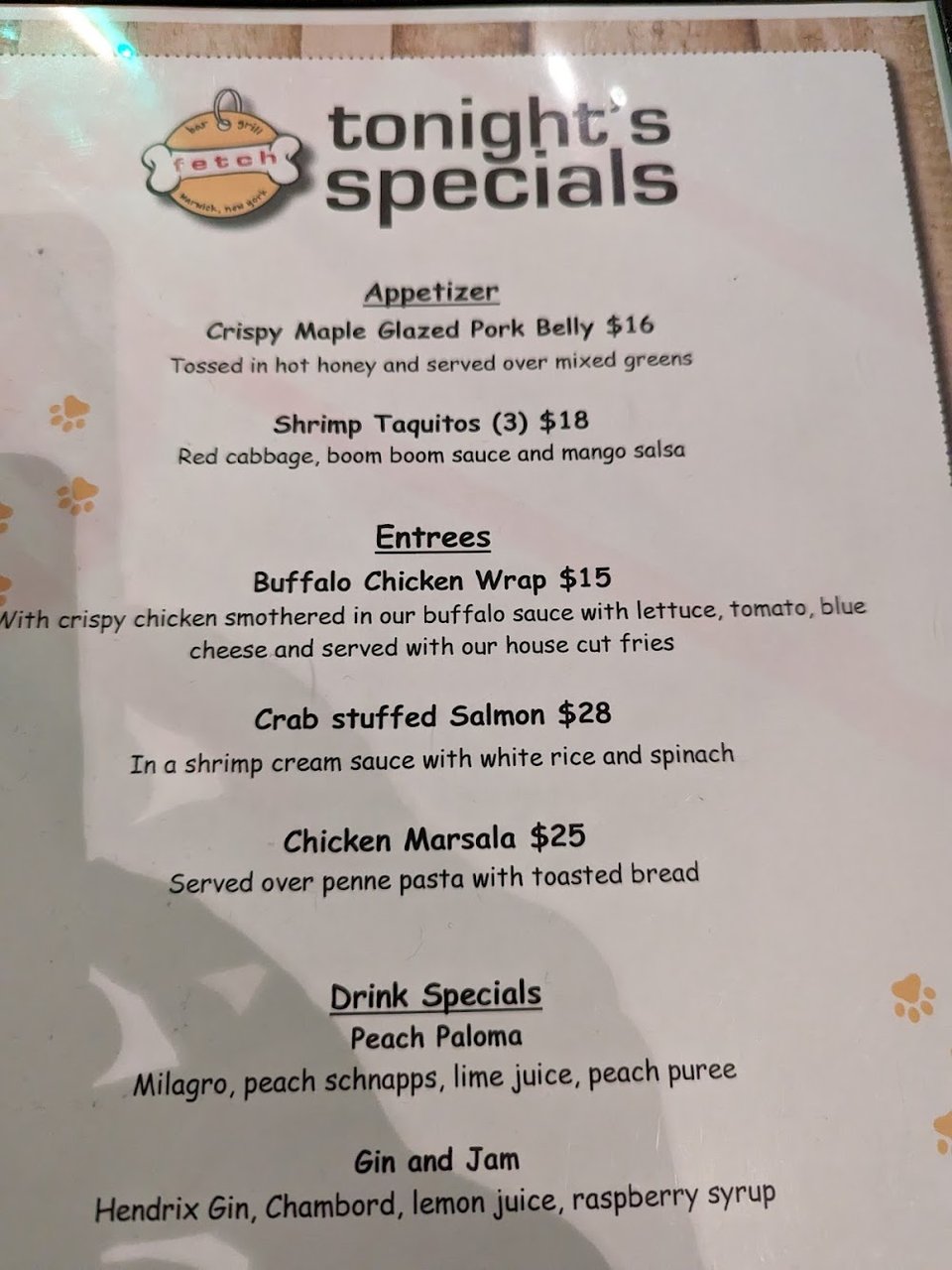 Menu page from an American bar and grill.